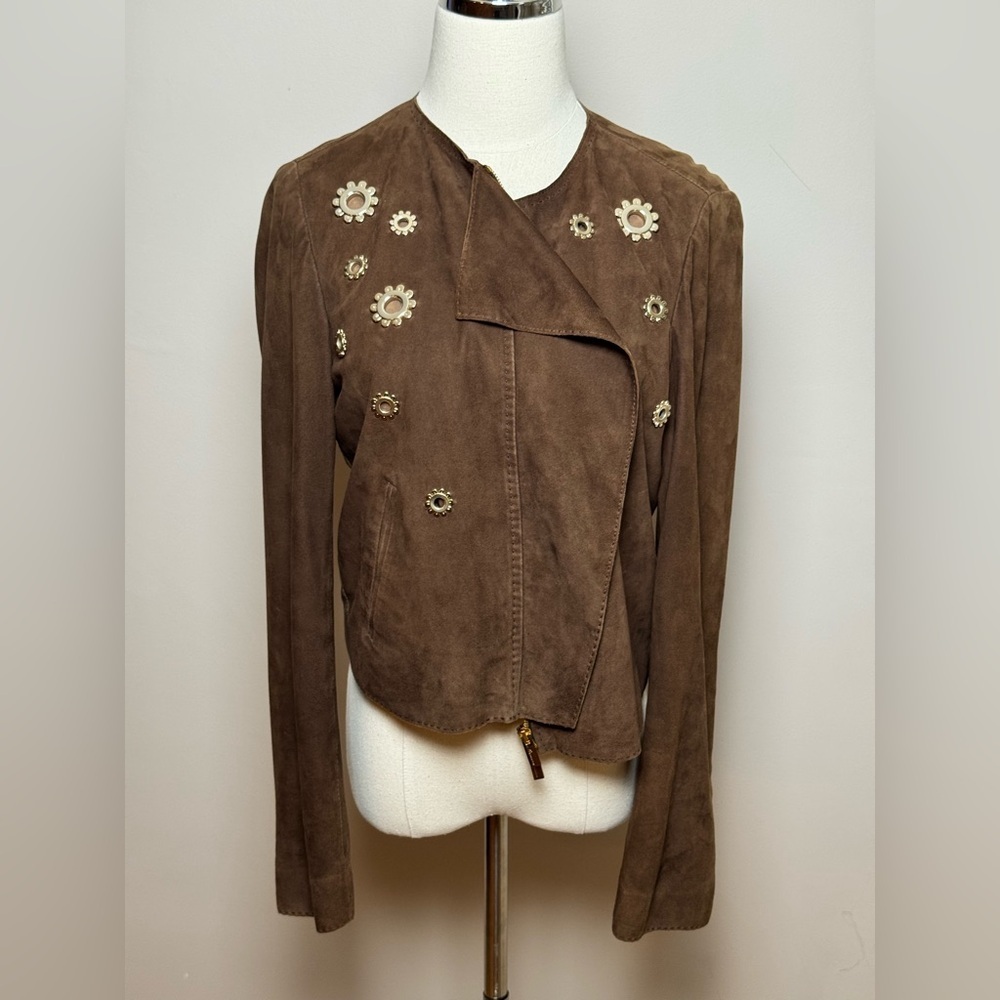 Blumarine Brown Suede Zip Jacket with Metal Details Size S